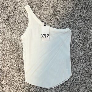Zara White Ribbed One-Shoulder Top